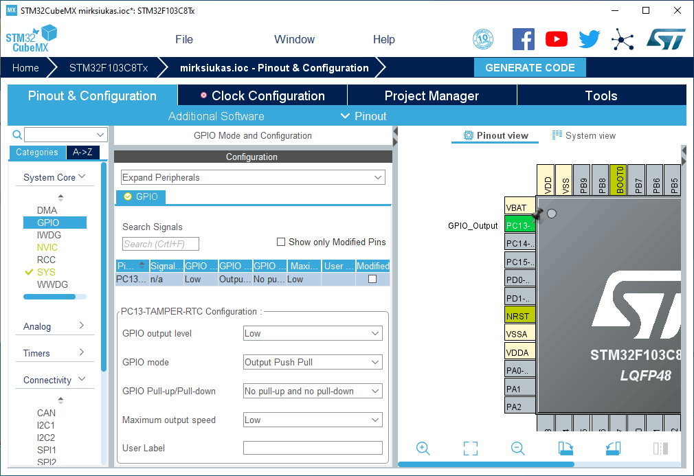 SM32CubeMX blue pill stm32f103c8